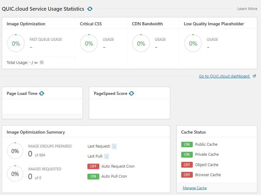 Optimize Website Speed with LiteSpeed Cache, Dashboard