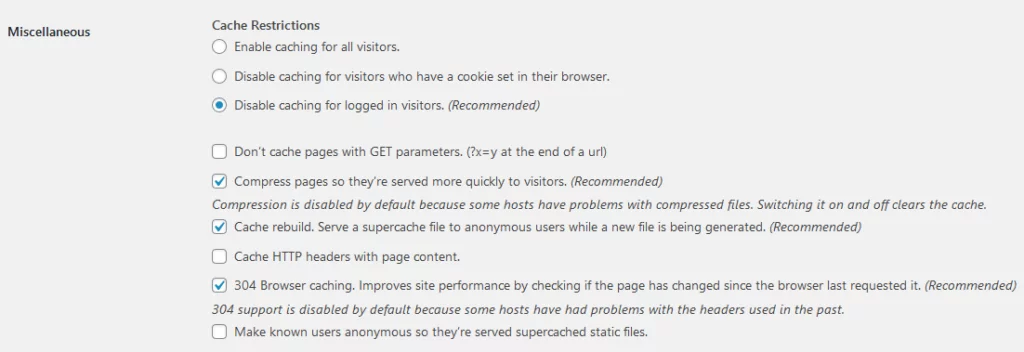 Optimize Website Speed with WP Super Cache, Advanced settings 2
