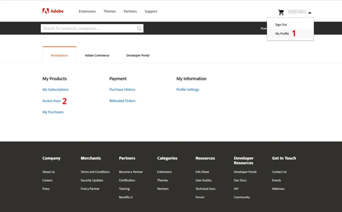 How to Install Magento, 1. Set up an Adobe account and create a new access key