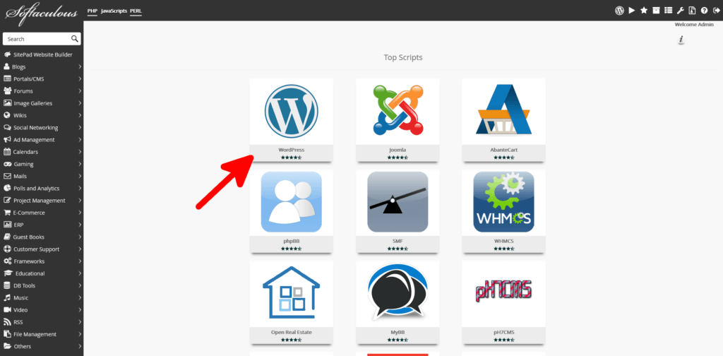 How to Install WordPress on a VPS Hosting Account, 2. Select WordPress from the list of applications.
