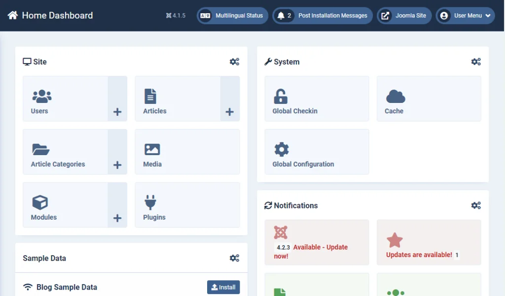 Introduction to the Joomla Dashboard Introduction to the Joomla Dashboard, Home Screen
