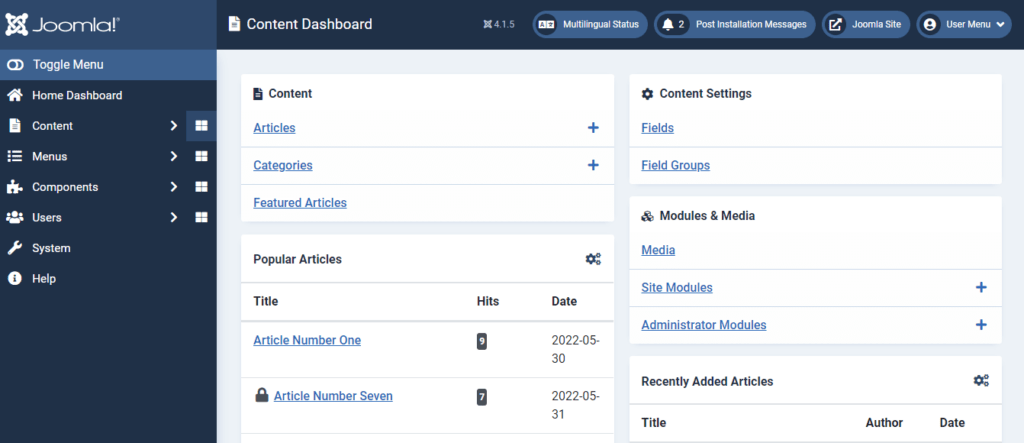Introduction to the Joomla Dashboard, Content