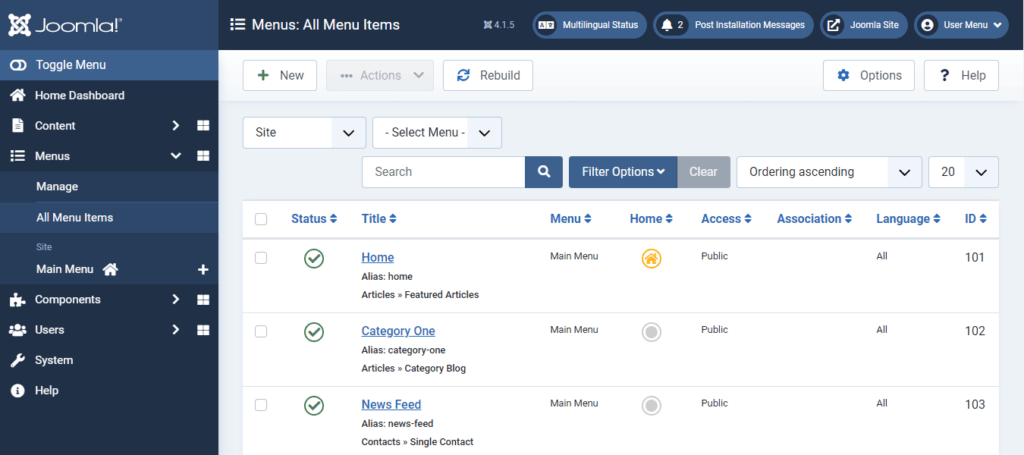 Introduction to the Joomla Dashboard, Menus