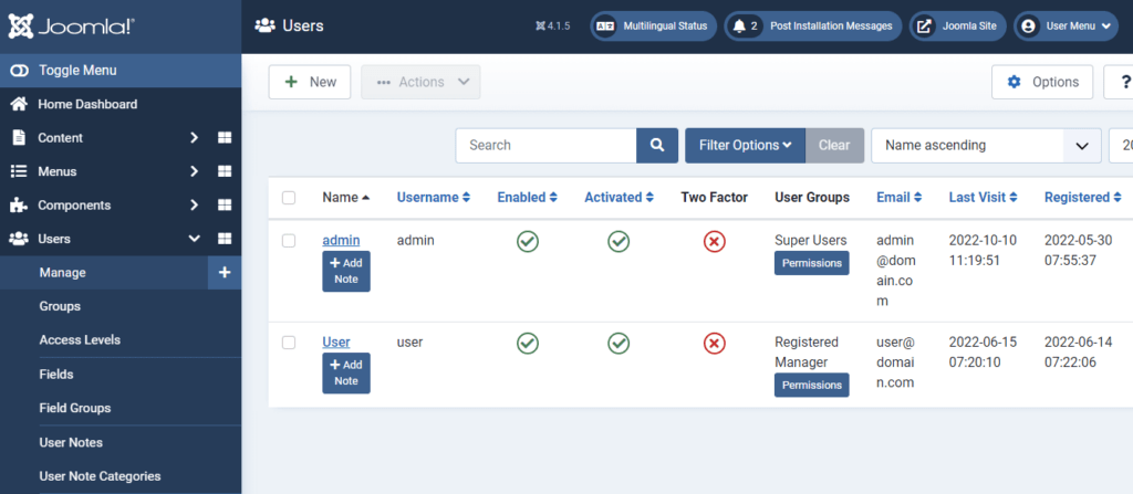 Introduction to the Joomla Dashboard, Users