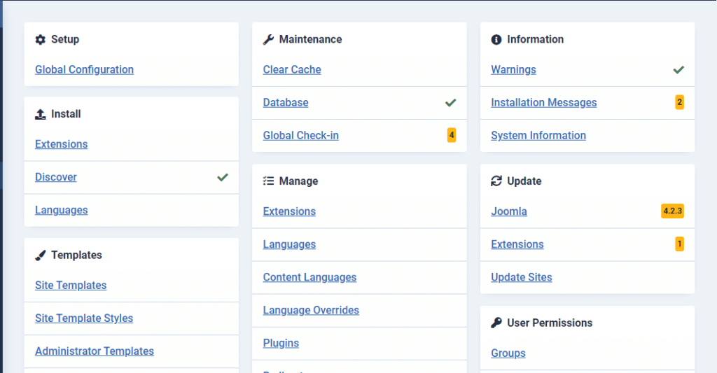 Introduction to the Joomla Dashboard, System