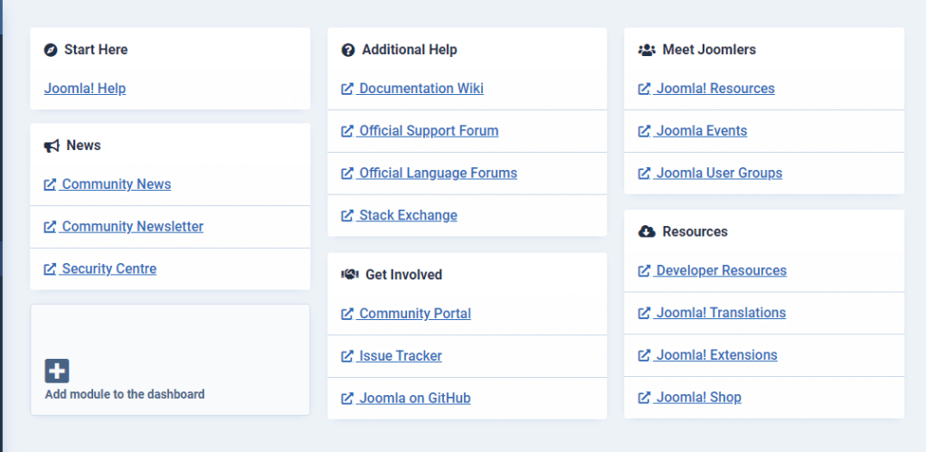 Introduction to the Joomla Dashboard, Help