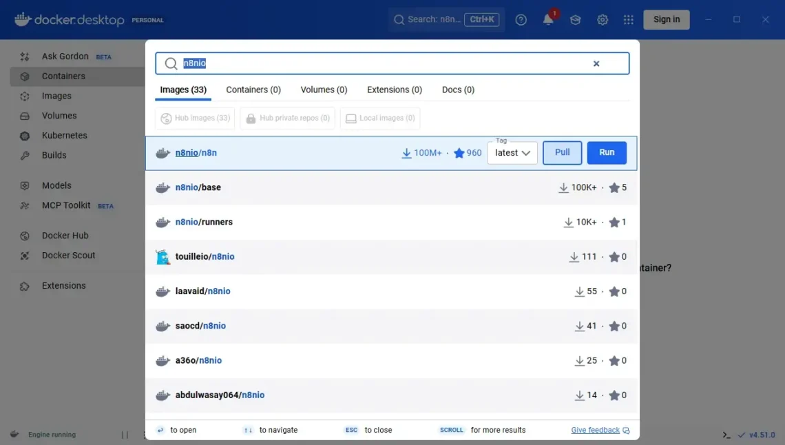 n8n System Requirements: Do I Need a Separate Server?, Step 2: Find and download the n8n image.