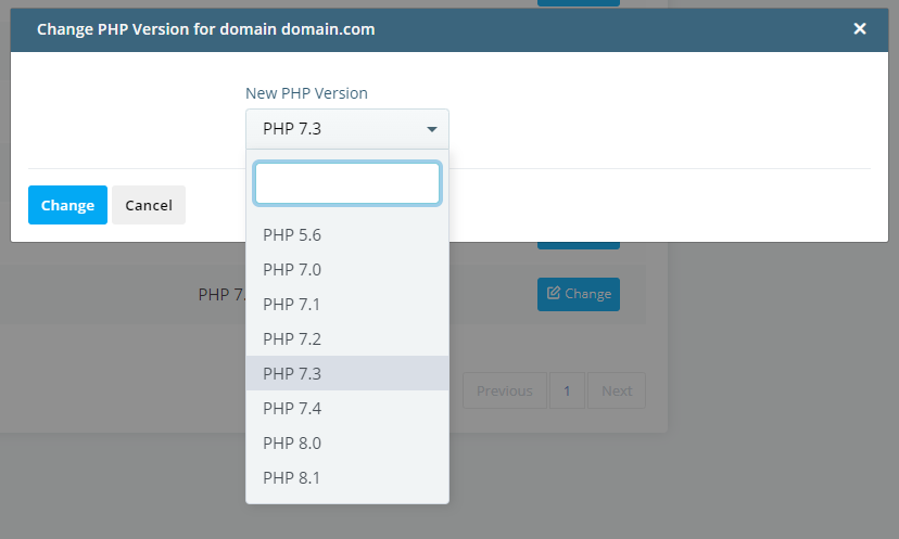 How to change the PHP version of my account?, Changing your website’s PHP version with SPanel 2