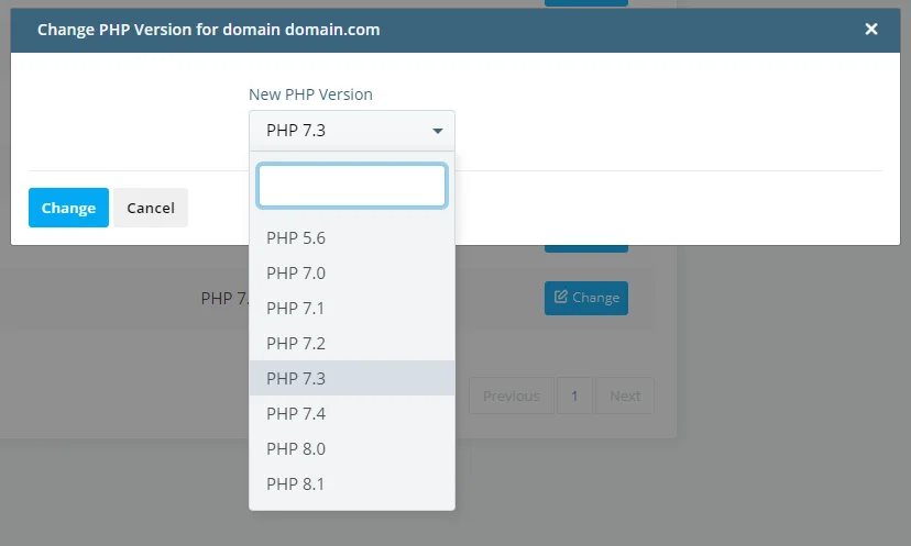 How to change the PHP version of my account?, Changing your website’s PHP version with SPanel 2