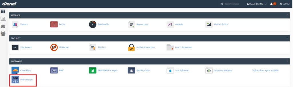 Software/Services section and PHP Version position in cPanel