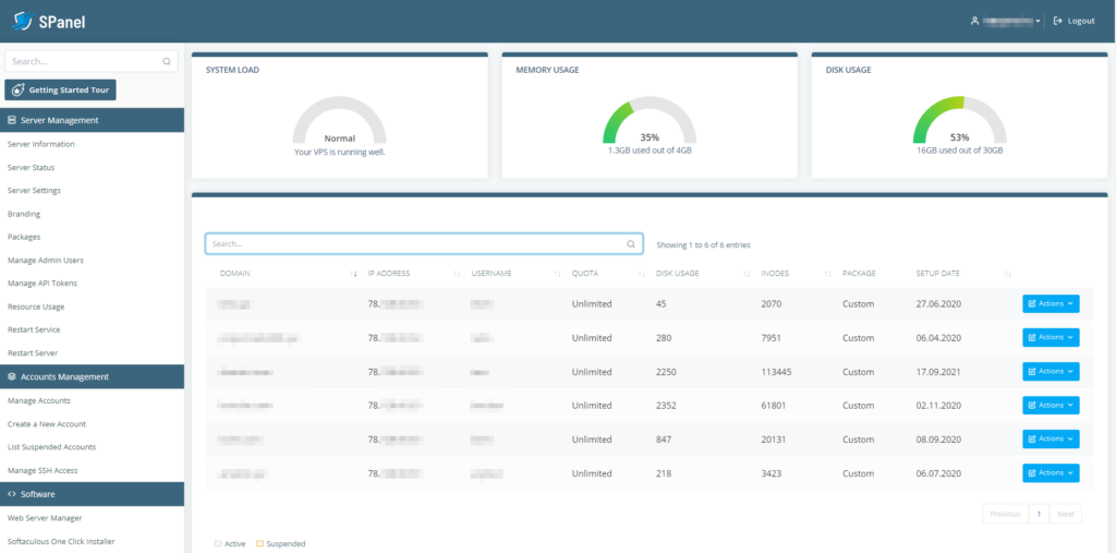 Getting Started with Managed VPS Hosting, The SPanel Admin Interface