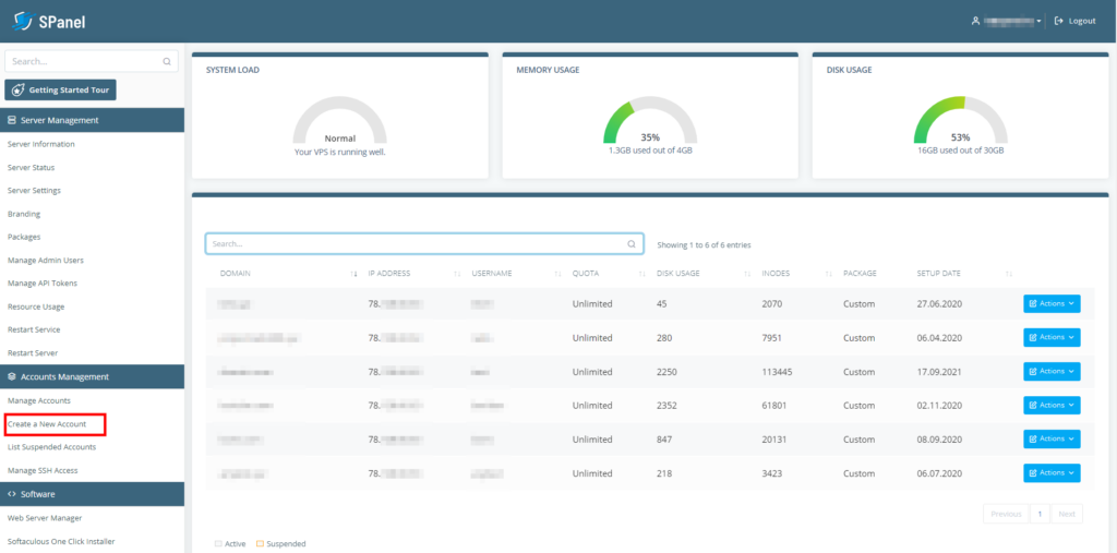 Getting Started with Managed VPS Hosting, How to Create an Account from the SPanel Admin Interface?