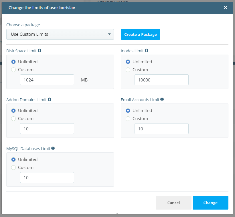 How to Modify Quotas of SPanel User Accounts, Changing the disk and inodes quotas through SPanel 3