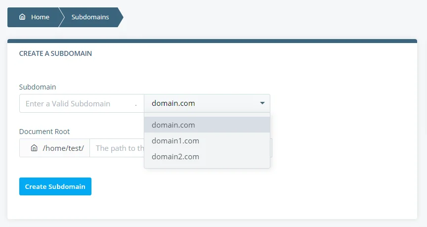 How to Create a Subdomain, Creating subdomains in SPanel 2