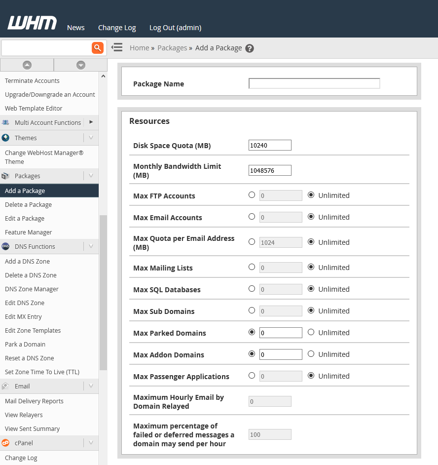 Getting Started With Reseller Hosting, Creating Hosting Packages with WHM