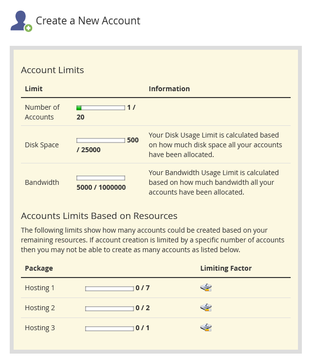 Getting Started With Reseller Hosting, Creating a New cPanel Account