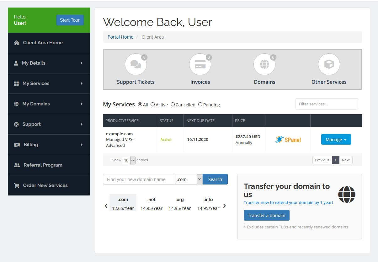 ScalaHosting Client Area, Client Area Homepage