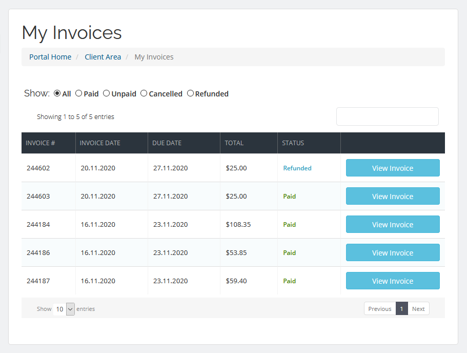 ScalaHosting Client Area, Billing options