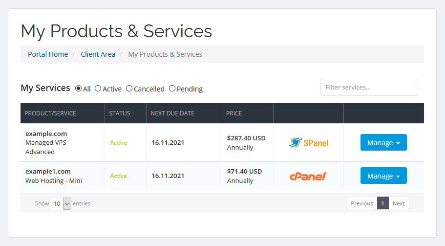 ScalaHosting Client Area, Managing services and domains