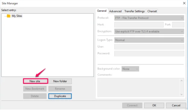 How To Setup FTP Using Filezilla, Step 2 — Add A New Site To Site Manager 3