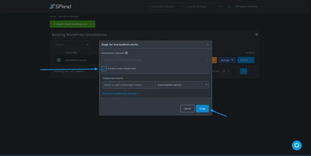 How to Create a Staging Site, Creating a Staging Site via the WordPress Manager 3