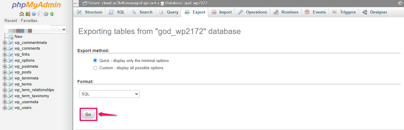 How to export MySQL Database?, Scroll to the Databases section and select the phpMyAdmin tab 5