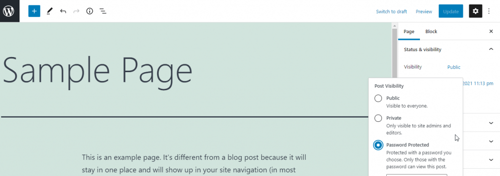 How to Password-protect WordPress Pages, How to Password Protect a WordPress Page Using the Default Editor 3