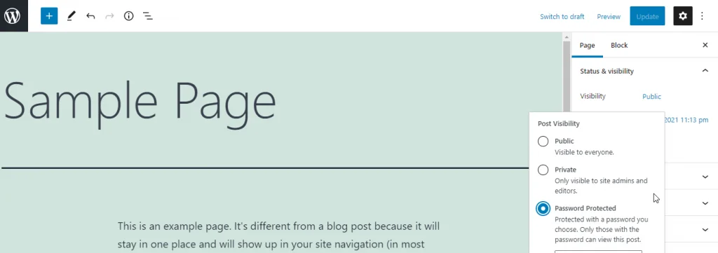 How to Password-protect WordPress Pages, How to Password Protect a WordPress Page Using the Default Editor 3