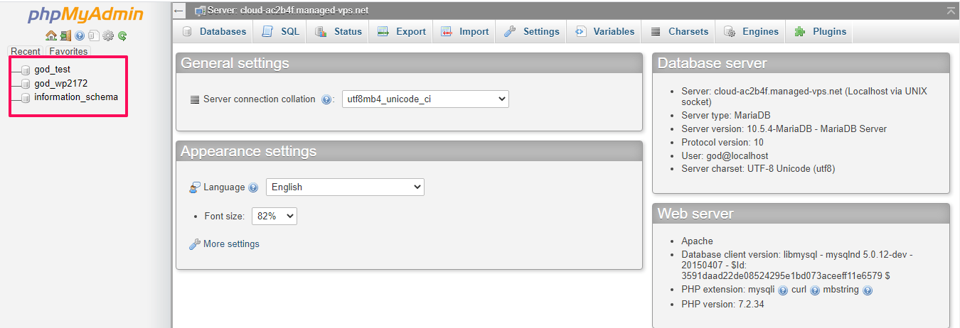 How to export MySQL Database?, Scroll to the Databases section and select the phpMyAdmin tab 2