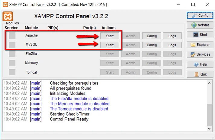 Install WordPress on Windows, Step 2: Run the Apache and MySQL modules