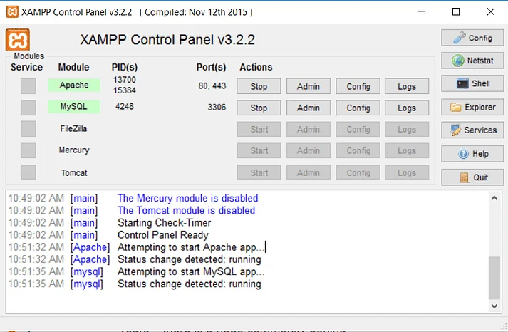 Install WordPress on Windows, Step 2: Run the Apache and MySQL modules 2