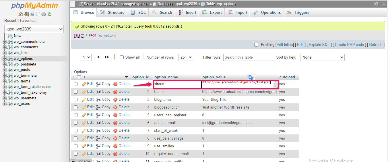 How to Fix WordPress “Database Update Required” Loop, Option 1: Populate the site URL in the wp-options table to the home page of the website. 4