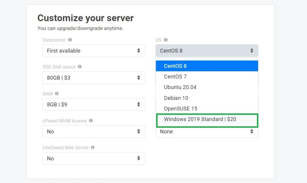 Do you use Windows Servers?, Selecting Windows Server on ScalaHosting VPS