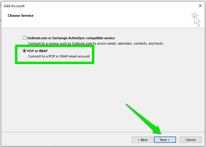 Manually Add Email Account to Outlook 2016 (Windows), Step 2: Decide Between IMAP and POP