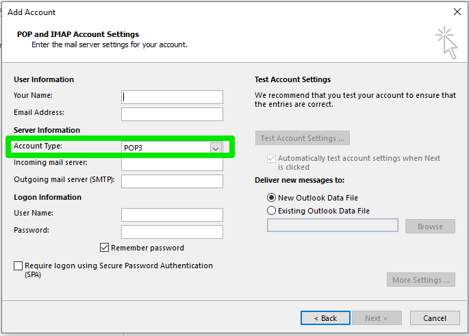 Manually Add Email Account to Outlook 2016 (Windows)