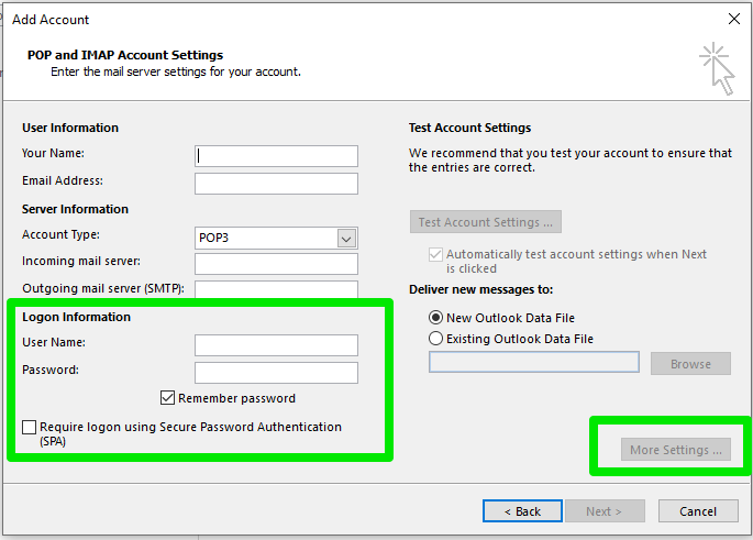 Manually Add Email Account to Outlook 2016 (Windows), Step 3: Configure Your Account Settings 4