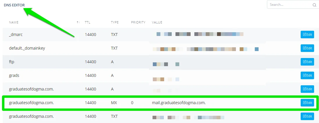 DNS Management – How To Edit MX Records, Step 3: Edit your MX Record