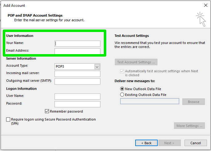 Manually Add Email Account to Outlook 2016 (Windows)
