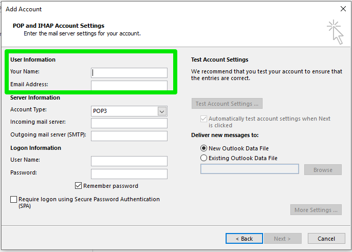 Manually Add Email Account to Outlook 2016 (Windows), Step 3: Configure Your Account Settings