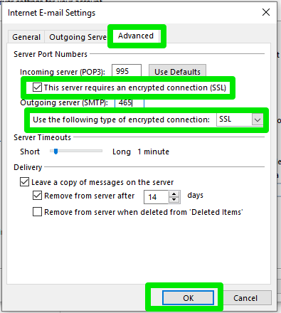 Manually Add Email Account to Outlook 2016 (Windows), Step 4: Configure Internet E-mail Settings 3