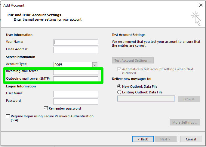 Manually Add Email Account to Outlook 2016 (Windows)