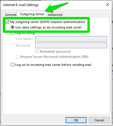 Manually Add Email Account to Outlook 2016 (Windows), Step 4: Configure Internet E-mail Settings