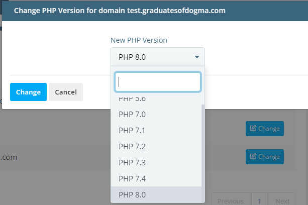 How to Change the PHP Version for Your Site?, Step 3: Click Change and Pick The PHP Version You Want to Use. 2