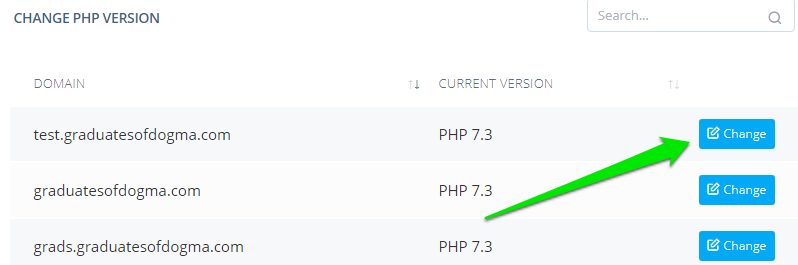 How to Change the PHP Version for Your Site?, Step 3: Click Change and Pick The PHP Version You Want to Use.