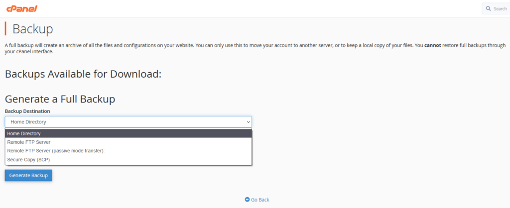 How to Generate a Full Backup in cPanel, Generating a Full cPanel Backup 5