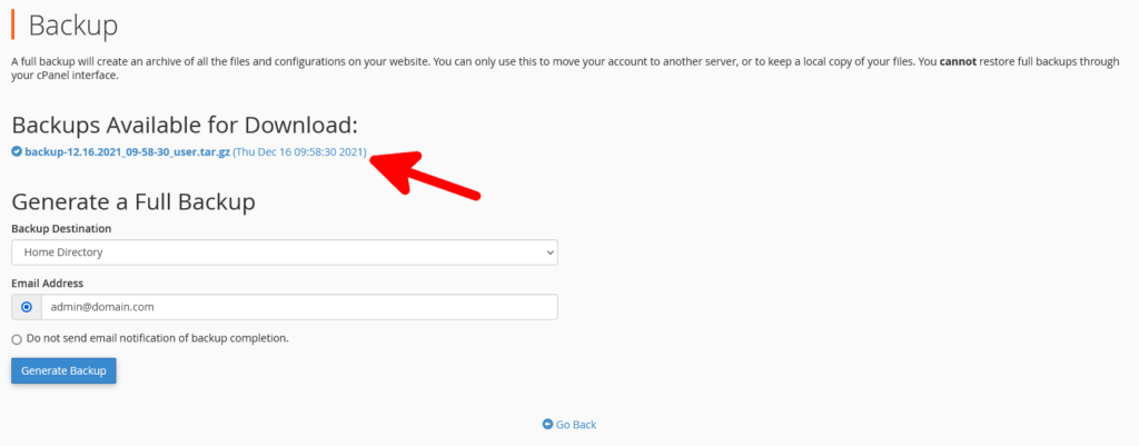 How to Generate a Full Backup in cPanel, Generating a Full cPanel Backup 6