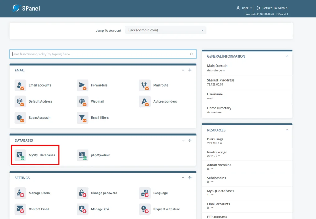 How to Create a Database in MySQL, Creating a MySQL Database in SPanel 2