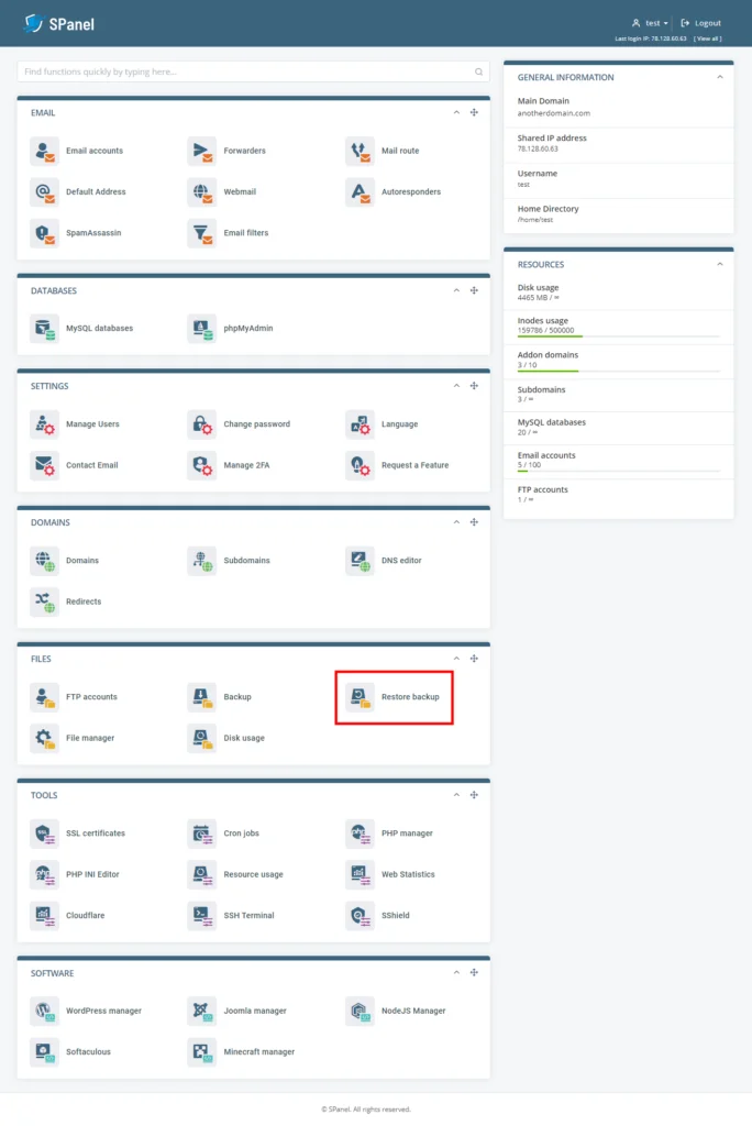 How to Back Up a MySQL Database, Restoring a database with SPanel 2