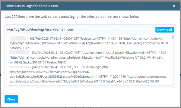 Where are the server log files for my site?, 3. Click Actions and select the type of logs you want to view and download 2