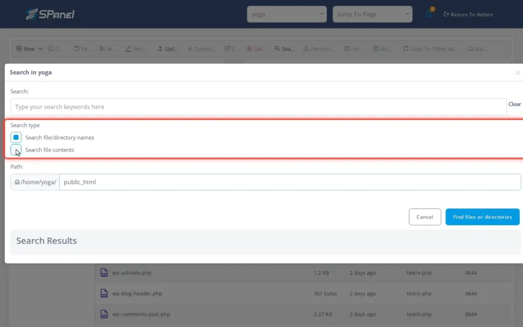 How to Search for Files and Text Inside Files in SPanel’s File Manager, Step-by-step